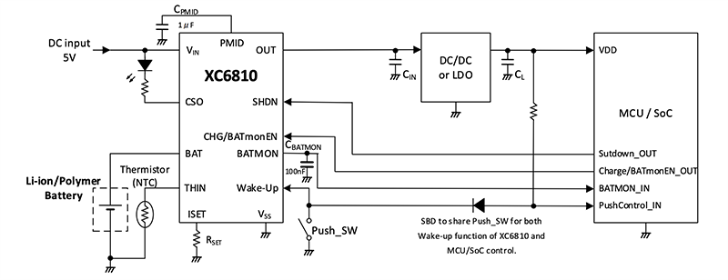 Application Circuit Diagram - Torex Semiconductor XC6810 Linear Charger IC for Li-ion Batteries